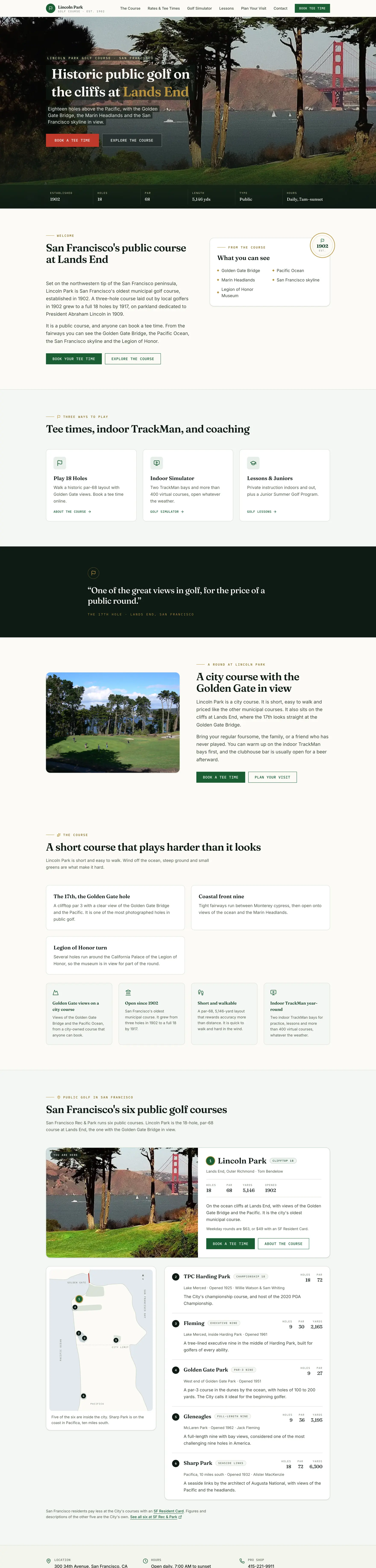 The full Lincoln Park Golf Course homepage on desktop