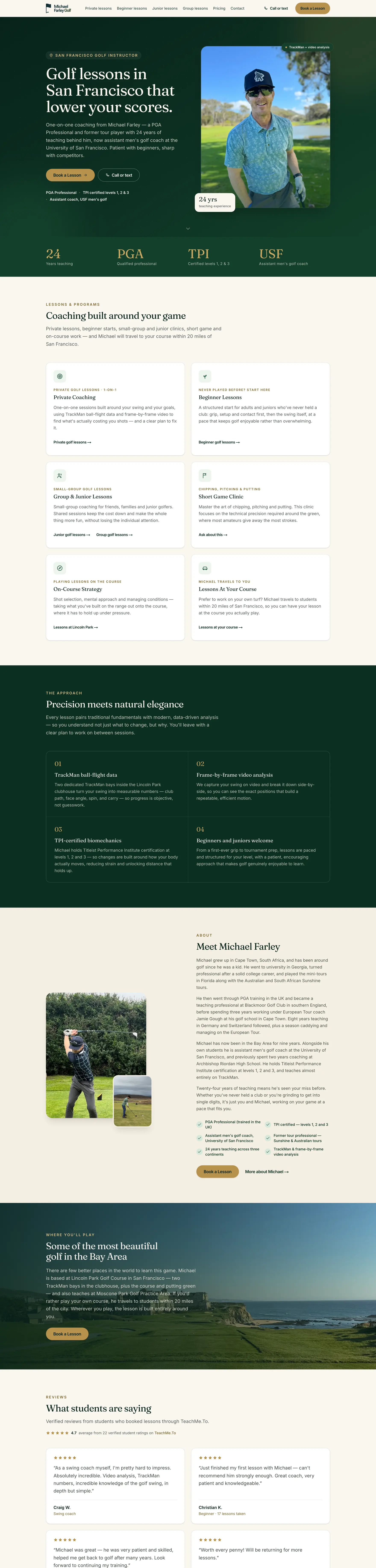 The full Michael Farley Golf homepage on desktop