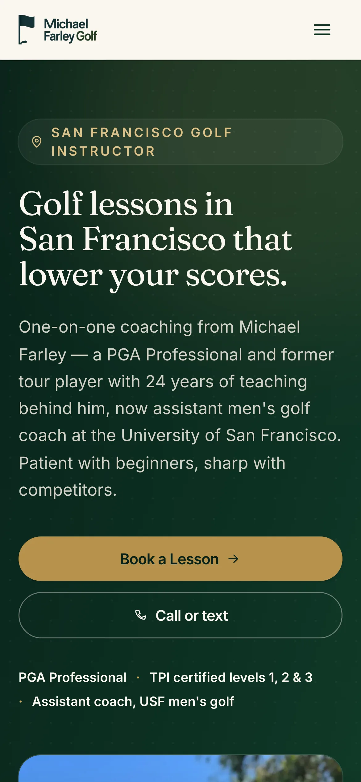 The Michael Farley Golf website on a phone