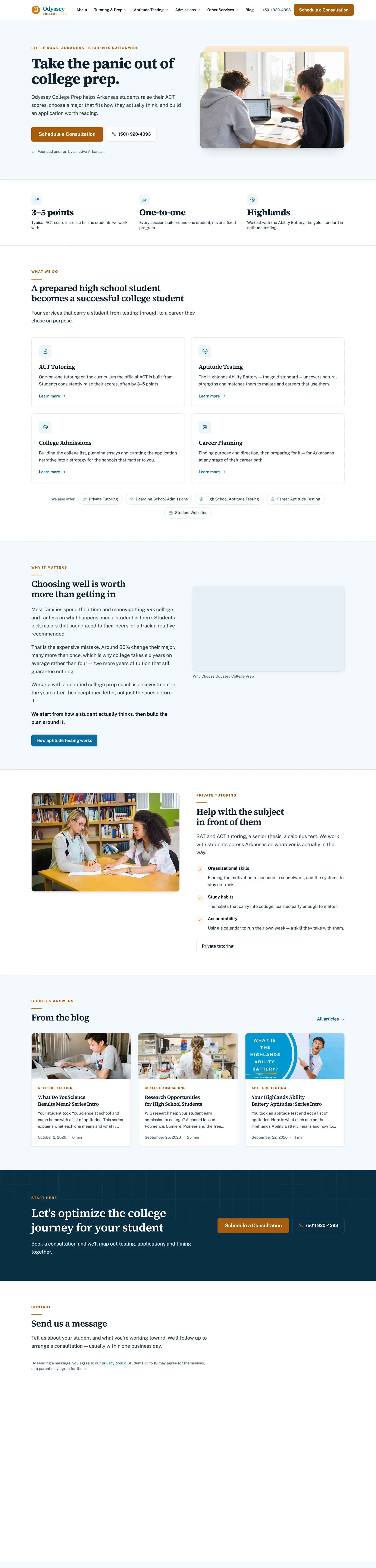 The full Odyssey College Prep homepage on desktop