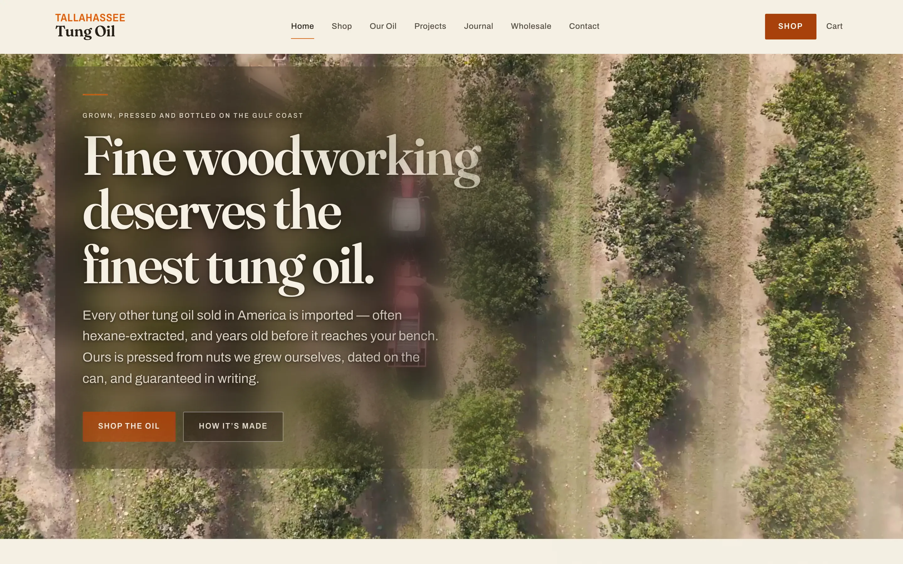 The Tallahassee Tung Oil website on desktop