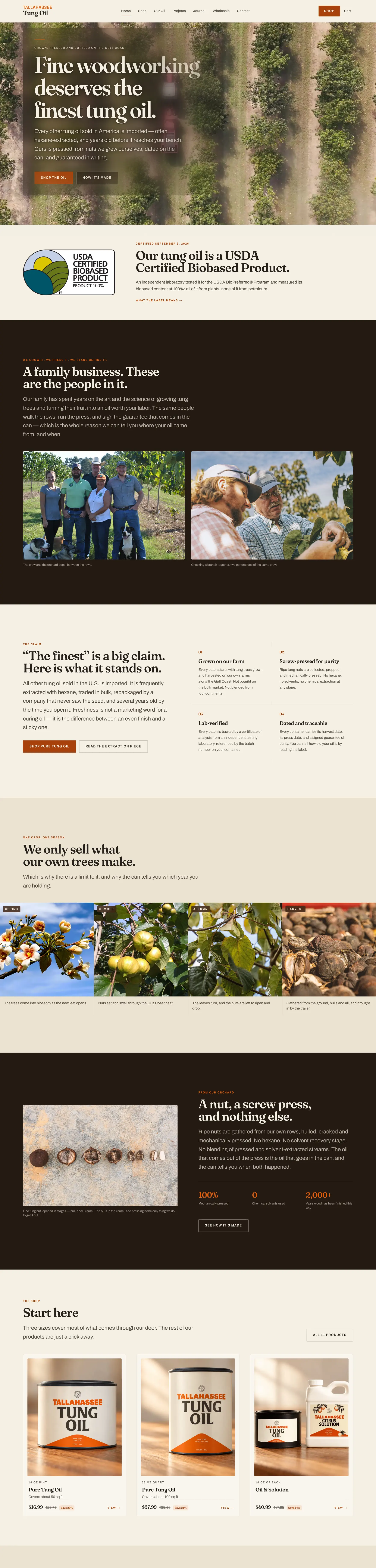 The full Tallahassee Tung Oil homepage on desktop