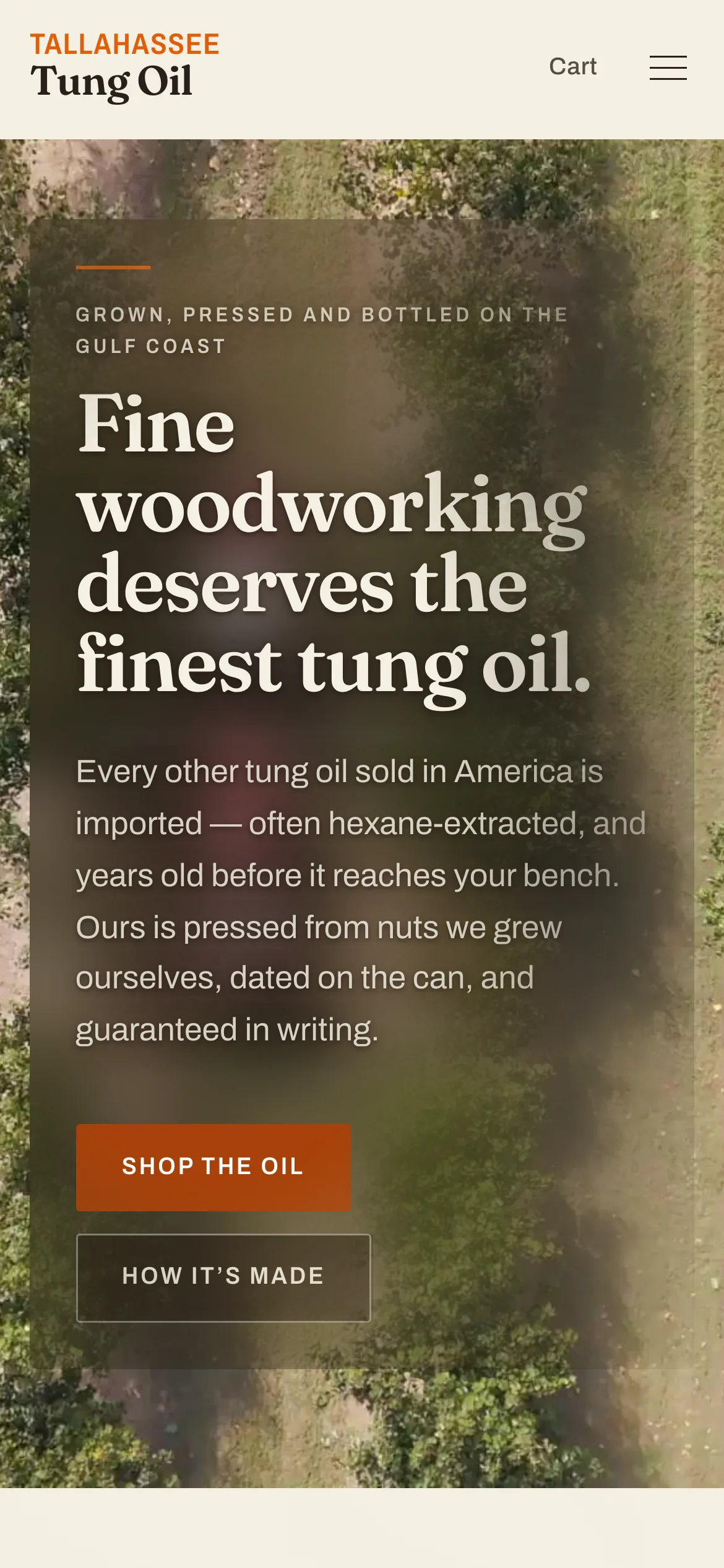 The Tallahassee Tung Oil website on a phone